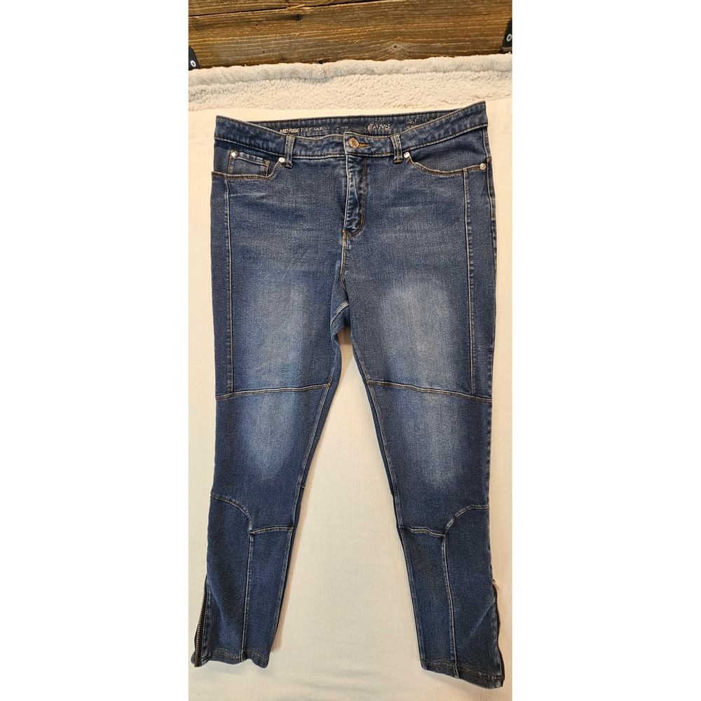 Peter Nygard Slims Mid Rise True Skinny Moto Jeans Blue Ankle Zip Size 14-16